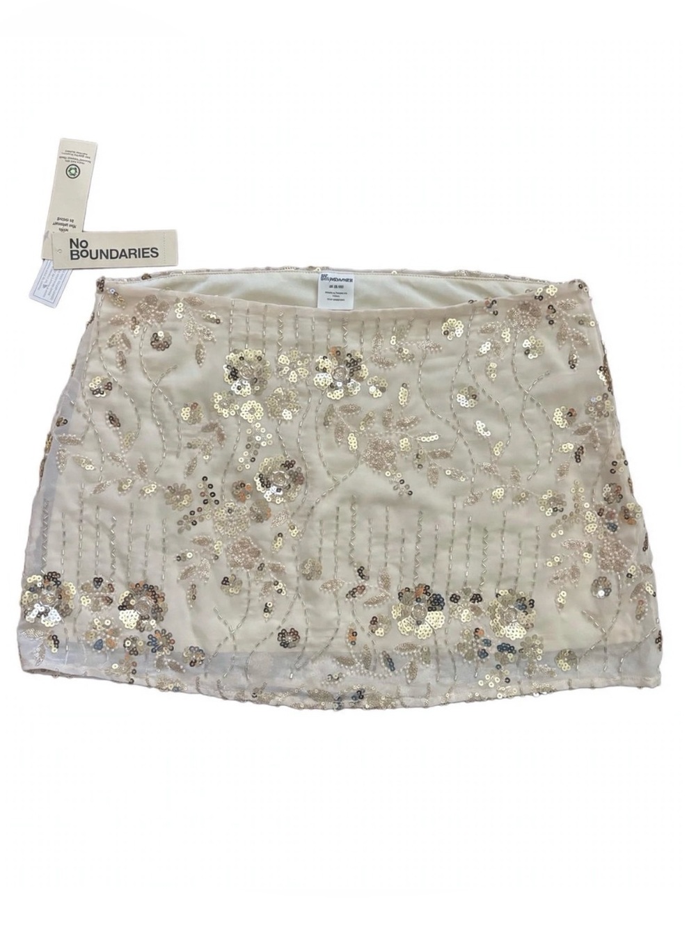 NWT No Boundaries Sequin Mini Skirt M 8-10 Ivory Gold Floral Beaded